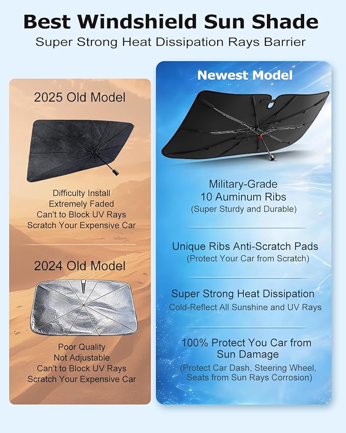 DMJN Umbrella Windshield Sun Shade for Toyota Tacoma, Car Sunshade for Front Windshield [Nano Ice-Crystal Coatings] UPF50+ Heat & UV Block, Protect Interior & Keep Cooler