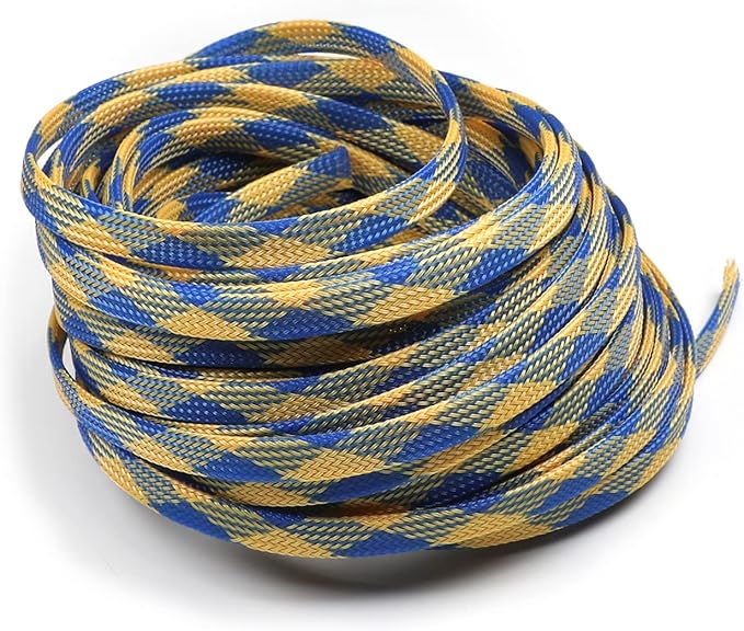 Aicosineg 32.81ft PET Flexible Braided Cable Sleeve 0.33inch Width Wire Loom Sleeving and Organizer Flexible Wire Mesh Sleeve Wrap Protector for TV Audio PC Cords from Pets Chewing Blue and Yellow