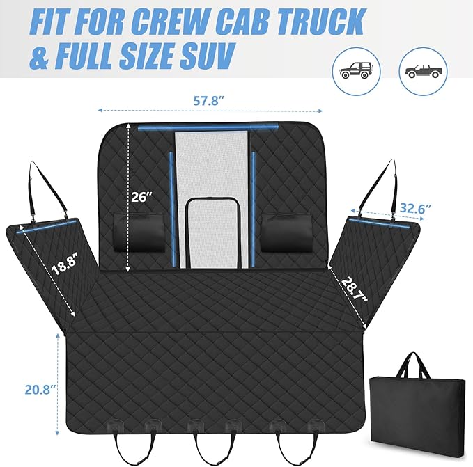 Back Seat Extender for Dogs Truck-Large Space, High Barrier Truck Dog Seat Cover Hold 420lb, Waterproof Pet Dog Hammock for Crew Cab Trucks F150, RAM1500, Sierra, Tundra, Silverado, Black