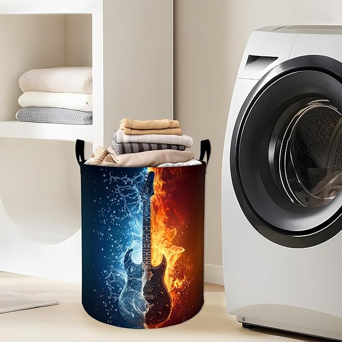 Cool Electric Guitar with Fire and Water Laundry Basket with Handles, 19.7"x15.7" Clothes Foldable Laundry Hamper Organizer for Dorm Nursery Bedroom Bathroom Decor, Toy Storage Bin for Kids
