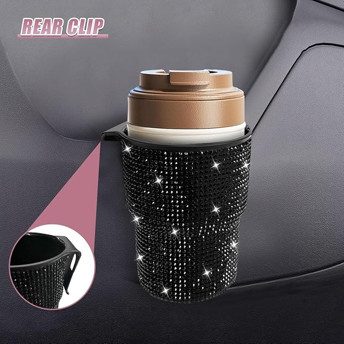 Bling Rhinestones Car Air Vent Trash Can, Hanging Automotive Cup Holder with 2 Hooks, Multi-Function Vehicle Door Organizer Accessories for Key, Pen, Water Bottles, Cellphone(Black)