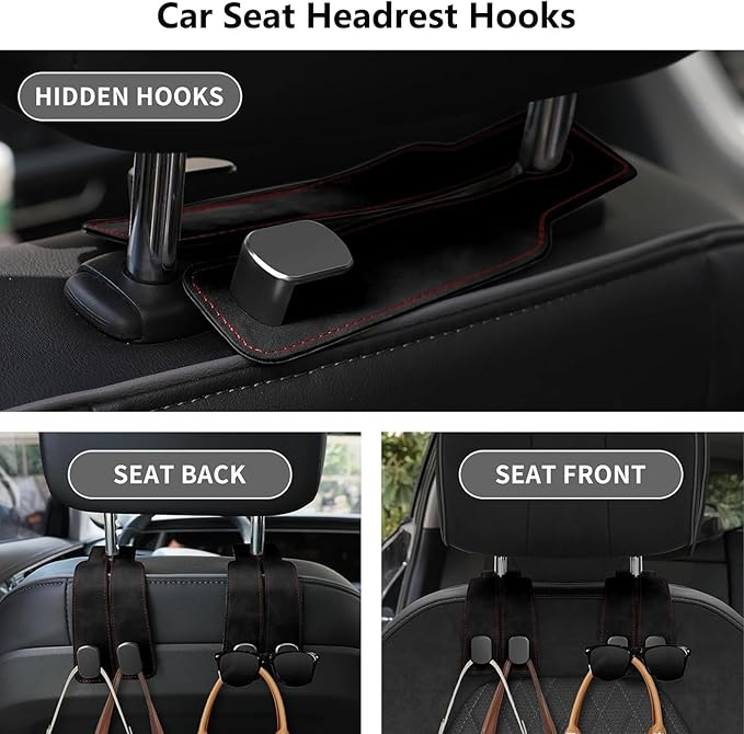 4 Pack Car Seat Back Storage Hooks - Premium Leather Seat Holder for Headrest Purses and Bags (Black)