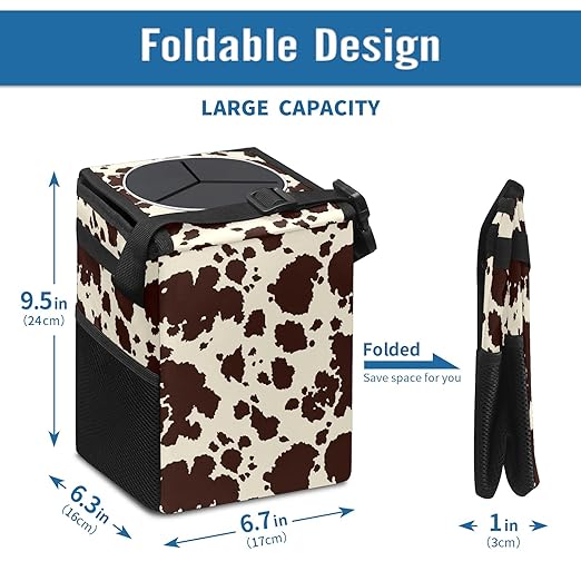 Brown Cow Print Collapsible Car Trash Can with Lid - Reusable, Waterproof, Garage Bag, Interior Car Organizer