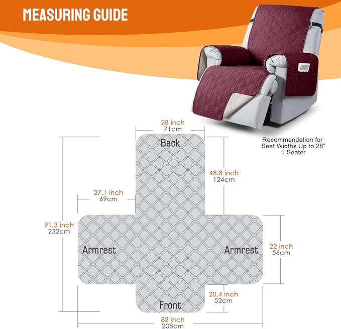 VANSOFY 100% Waterproof Recliner Chair Covers, Recliner Cover Non-Slip Dog Chair Cover Furniture Protector Washable Slipcover with Pocket, Elastic Straps for Pets, Dogs(Burgundy, 28")