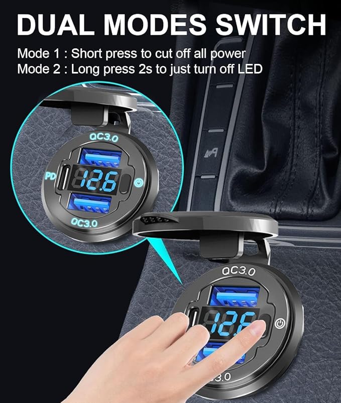 2PCS 78W 3Ports 12V USB Outlet with Voltmeter & Switch - PD3.0 & Dual QC3.0 Quick Charge Car Charger Socket, Aluminum Waterproof USB C Port for Boat Marine Motorcycle RV Truck ATV Golf Cart