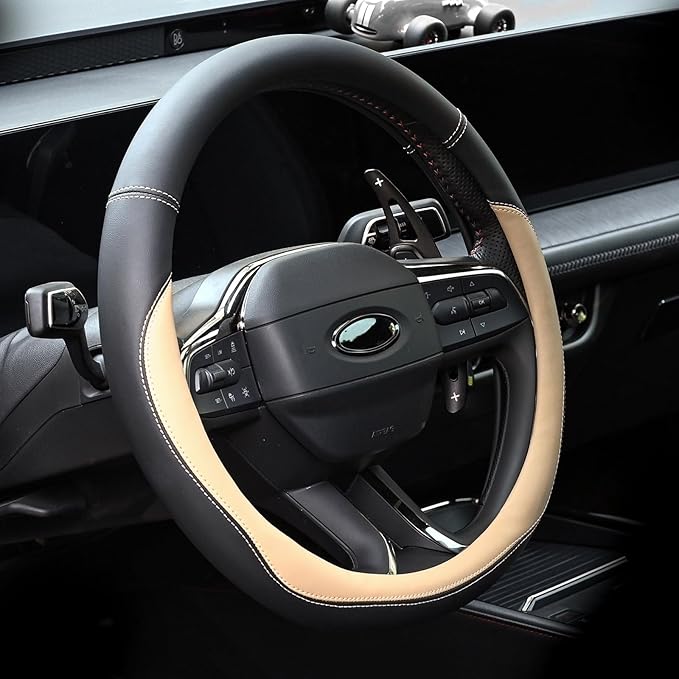 Valleycomfy Microfiber Leather Steering Wheel Cover Large-Size for F150 F250 F350 Ram 4Runner Tacoma Tundra Range Rover Model S X with 15 1/2 inches-16 inches Outer Diameter Beige