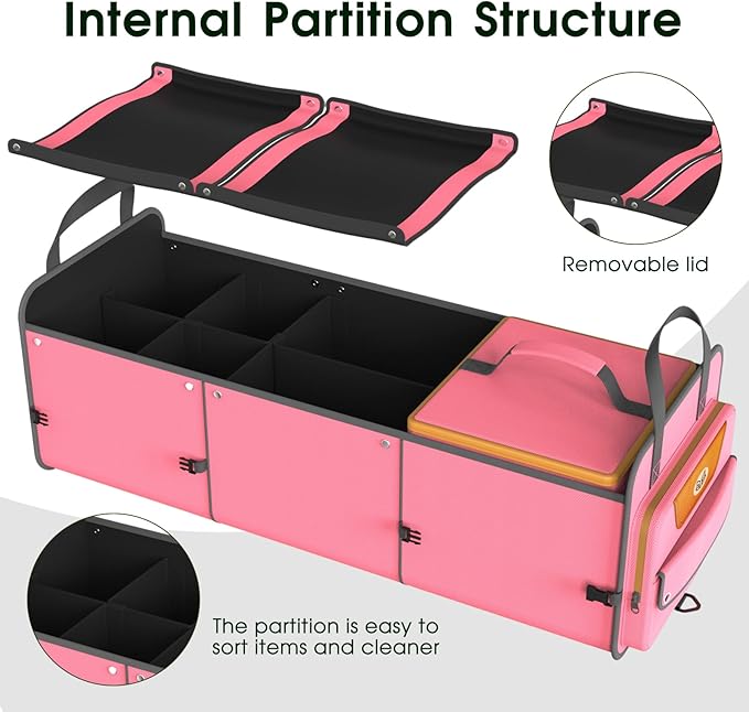 Car Trunk Organizer for SUV, Heavy Duty Waterproof Trunk Organizer, Foldable Collapsible Car Organizer with Cooler, Multi-Compartment Large Trunk Organizer (95L), Pink-M003