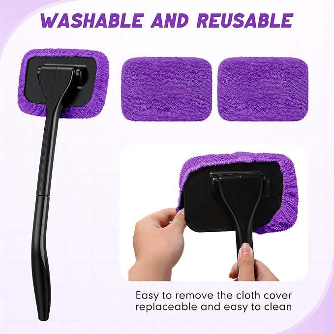 FoldTier 8 Pcs Car Windshield Cleaner Tool Kit with Removable Handle, Microfiber Towel Pads, Brush, Empty Spray Bottle for Auto Glass Wiper Suvs Rvs & Home Windows(Purple)