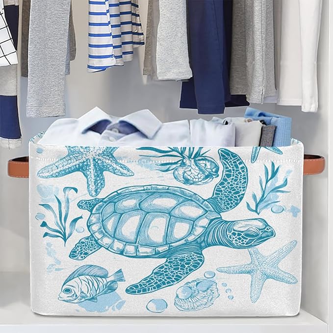 Sea Turtle Storage Baskets for Organizing, Fabric Collapsible Storage Bins Box Ocean Animal Fish Decorative Toy Organizer Baskets for Closet Shelves Gift Basket 2Pcs