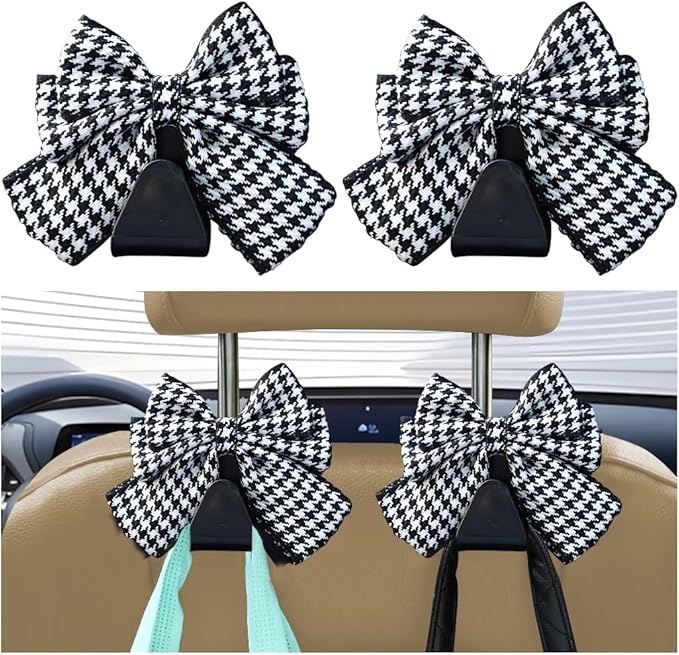 Car Seat Headrest Hook, 2PCS Cute Bow Knot Vehicle Seatback Hanging Storage Organizer, Seat Back Hanger for Purse Coat Umbrella, Universal Automotive Interior Decor Accessories (White/Grid)