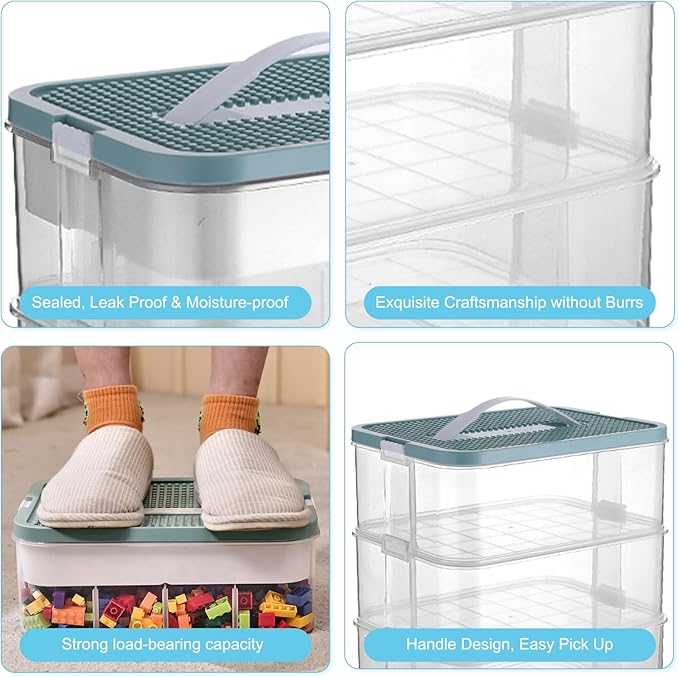 Toys Organizer Storage Case for Lego Box Kids Toy Stackable Building Blocks with Lids Bins Adjustable Lego Storage Containers Plastic Toy Box Green 1 Layer