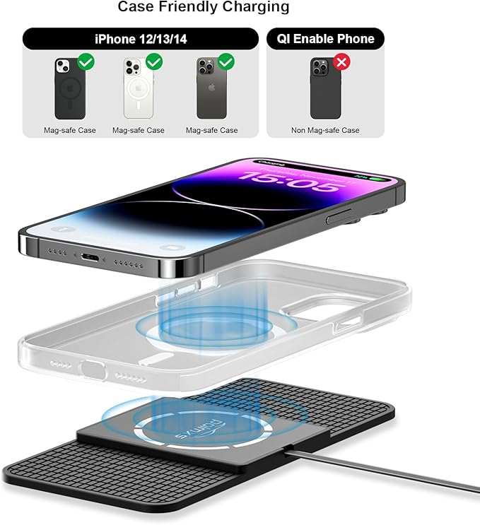 Magnetic Wireless Car Charger Charging pad,POLMXS 15W Fast Wireless Phone Charger car Cell Phone coldless Charging mat Compatible with iphone12/13/14/15 Series airpod (C11L)