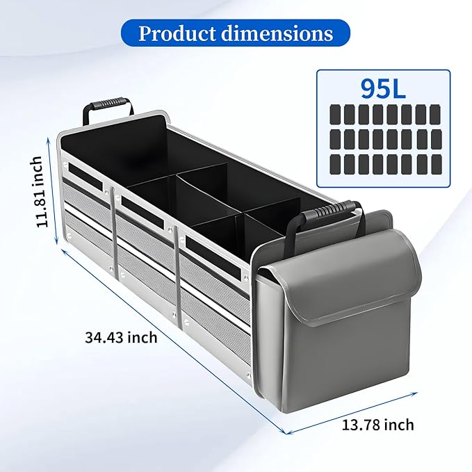Collapsible Trunk Organizer for Car with Insulated Leakproof Cooler Bag, 3 Compartments SUV Cargo Organizer w/Removable Dividers, 5-in-1 Storage w/Foldable Lid & 2 Tie-Down Straps (Grey)