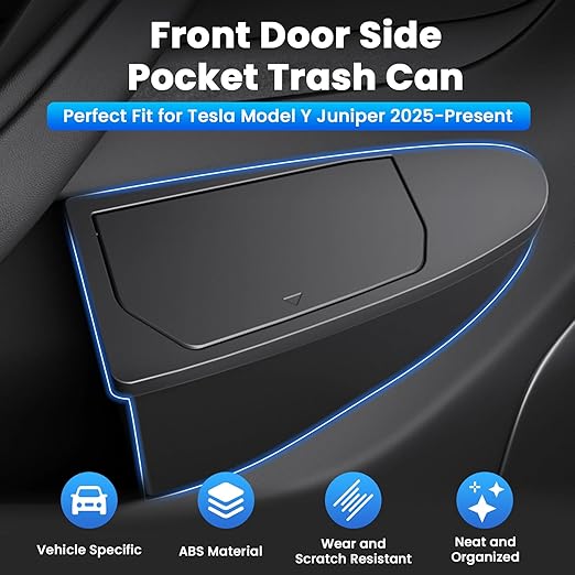 Canvcle Front Door Trash Can for 2025 2026 New Tesla Model Y Juniper Accessories, Door Side Storage Box Organizer Front Seat Door Garbage Bin with Push-Open Lid, Hidden Storage Organizer Black 2PCS
