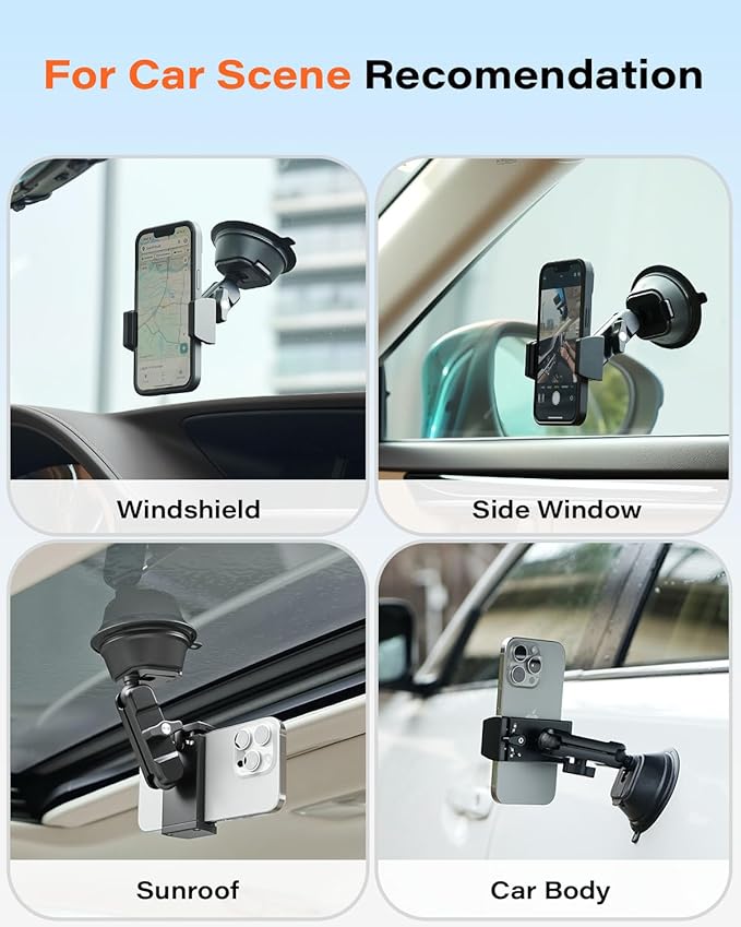 A2C Heavy Duty Suction Cup Phone Mount with Aluminum Alloy Arm & Clamp, 66LBS Vacuum Suction Phone Mount for Windshield Dashboard, Universal Car Phone Holder for All Phones Fit Jeep Wrangler, F150
