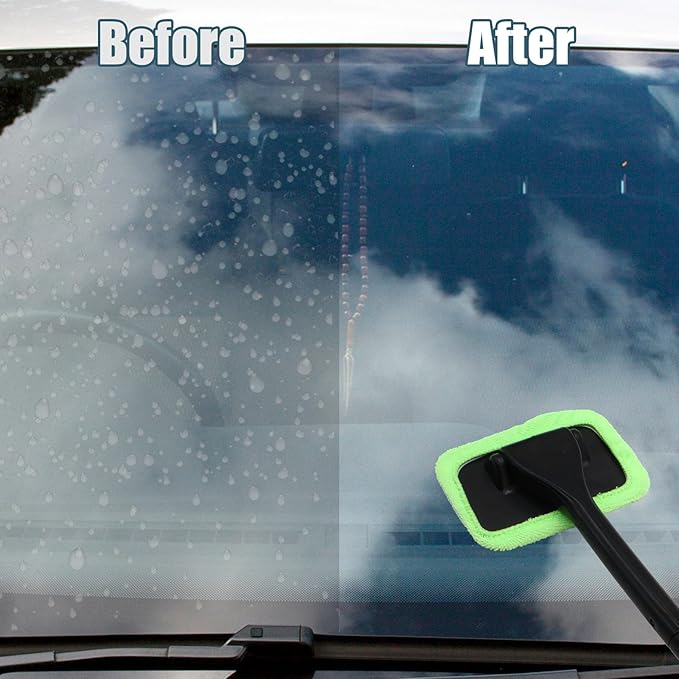 Car Window Cleaner Kit Windshield Cleaning Tool with Extendable Long Handle and 2 Washable Reusable Microfiber Pads, Green