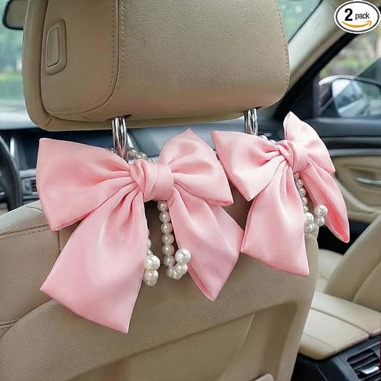 2PCS Satin Bow Pearl Car Seat Headrest Hooks – Car Bag Holder & Vehicle Hanger for Purses – Cute Coquette Aesthetic Interior Decoration – Cute Auto Organizer Accessories Universal for SUV, Truck(Pink)