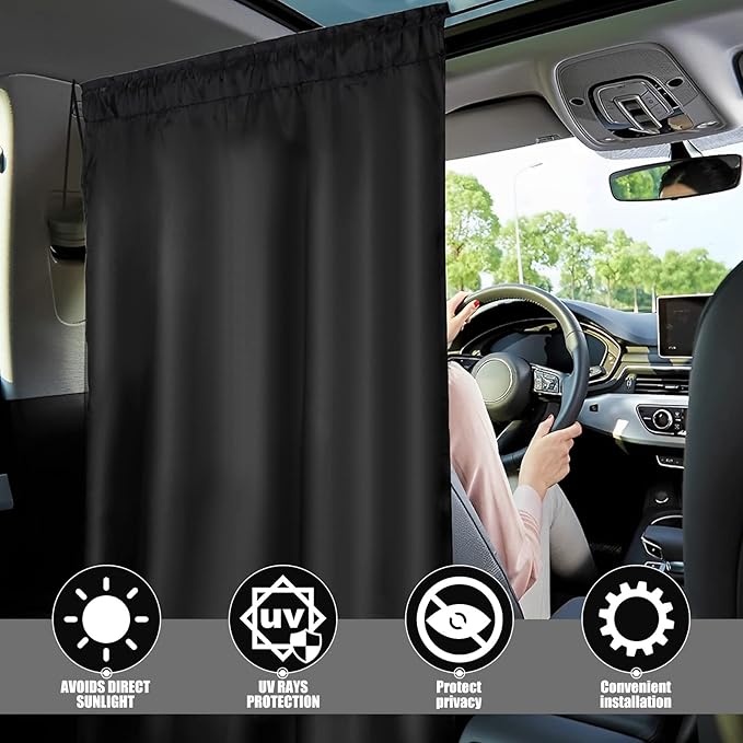 Car Privacy Curtains for Windows - 3Pcs Blackout Car Divider Curtain and Side Window Shades, Light Blocking Rear Seat Cover for Camping Sleeping Nap, Universal Fit Sedan SUV Truck