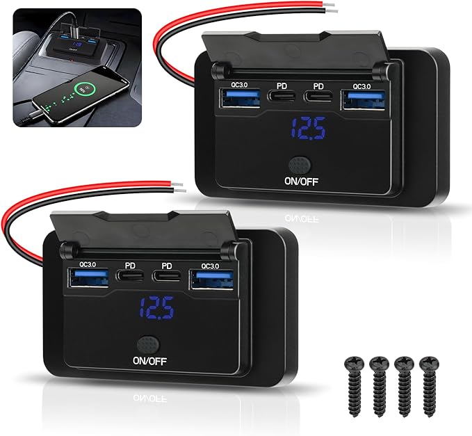 2 Pack 78W 12V USB Outlet Panel Wall Mount with Blue Voltmeter Dual 36W PD & Dual 18W QC3.0 Car USB Port Lightweight 12V USB Charger with ON/Off Switch