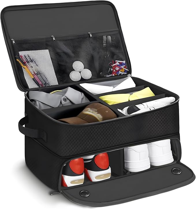 Golf Trunk Organizer Storage with Separate Compartment for 2 Pair Shoes Up to US Mens 16,2 Layer Golf Trunk Organizer,Waterproof Car Trunk Locker for Balls, Tees,Gifts for Golfers