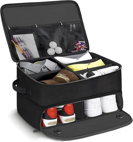 Golf Trunk Organizer Storage with Separate Compartment for 2 Pair Shoes Up to US Mens 16,2 Layer Golf Trunk Organizer,Waterproof Car Trunk Locker for Balls, Tees,Gifts for Golfers