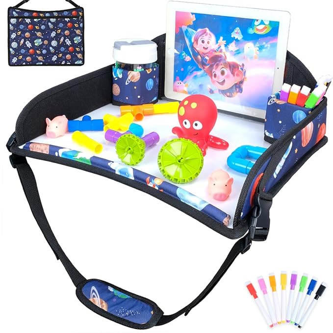 COOLBEBE Kids Travel Tray for Toddler Car Seat, Travel Tray for Airplane, Toddler Car Seat Lap Tray, Carseat Table Tray for Kids Travel Activities (Blue Space)
