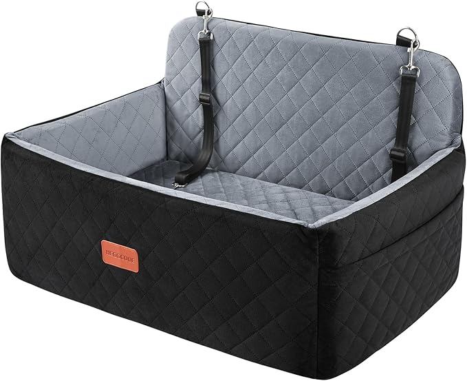 HEGGCOOE Dog Car Seat for Medium/Large Dogs, Pet Booster Seat for Under 55 lbs or 2 Small Dogs, Detachable & Washable Dog Car Bed for Backseat with 2 Safety Leashes (Black/Grey)