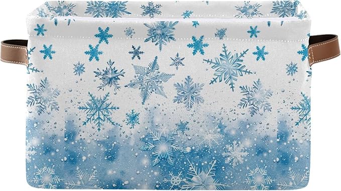 Winter Snowflake Blue Storage Basket with Waterproof Liner and PU Handles White Christmas Holiday Xmas Storage Boxes 14.2" Collapsible Decorative Organizer Baskets for Bedroom Closet Office 1 Pack