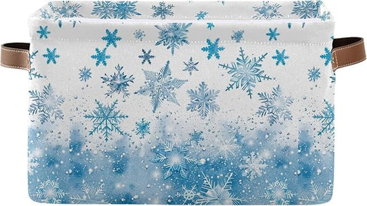 Winter Snowflake Blue Storage Basket with Waterproof Liner and PU Handles White Christmas Holiday Xmas Storage Boxes 14.2" Collapsible Decorative Organizer Baskets for Bedroom Closet Office 1 Pack