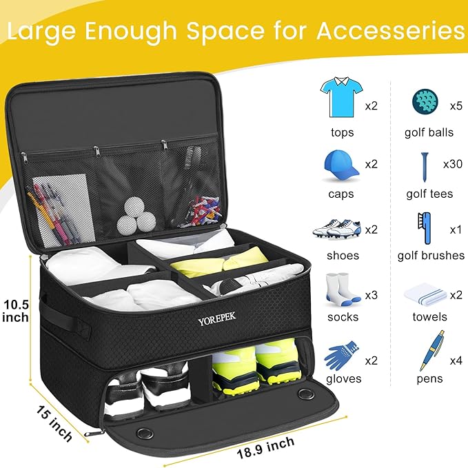YOREPEK 2 Layer Golf Trunk Organizer, Golf Gifts for Men with Separate Ventilated Compartment for 2 Pair Shoes, Waterproof Car Trunk Locker for Balls, Tees, Clothes, Gloves, Gifts for Golfers