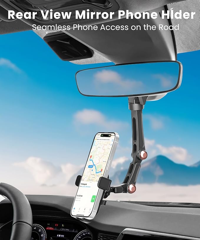 Karmus Rearview Mirror Phone Holder for Car, Rear View Mirror Phone Holder, Rotatable and Retractable Car Phone Holder Mount, Car Truck Essentials Accessories Compatible with All Cell Phones