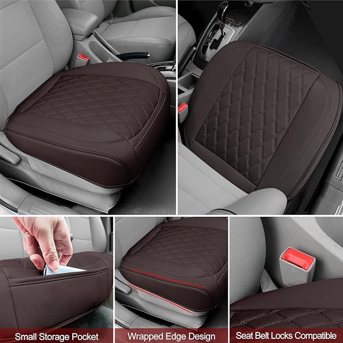BEITK 1 Pack Leather Front Car Seat Cover Bottom Car Seat, Anti-Slip and Full Wrap Driver Car Seat Protectors, Luxury Waterproof Bottom Auto Seat Cushion Pad Mat for Most Vehicles(Coffee)