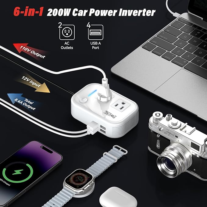 200W Car Power Inverter, FOVAL 12V DC to 110V AC Car Inverte with 4 USB Ports Car Outlet Adapter, Power Inverter for Vehicles, Car Plug Adapter Outlet for Laptop Computer Charger (White)