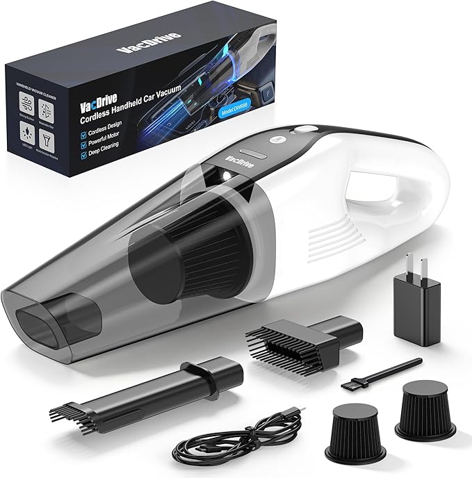 Handheld Vacuum Cordless, Ultra-Strong Suction Car Vacuum Portable Cordless, Rechargeable Hand Held Car Vacuum Cleaner High Power with Multi-Nozzles & Washable Filter for Car, Home, Pets, White