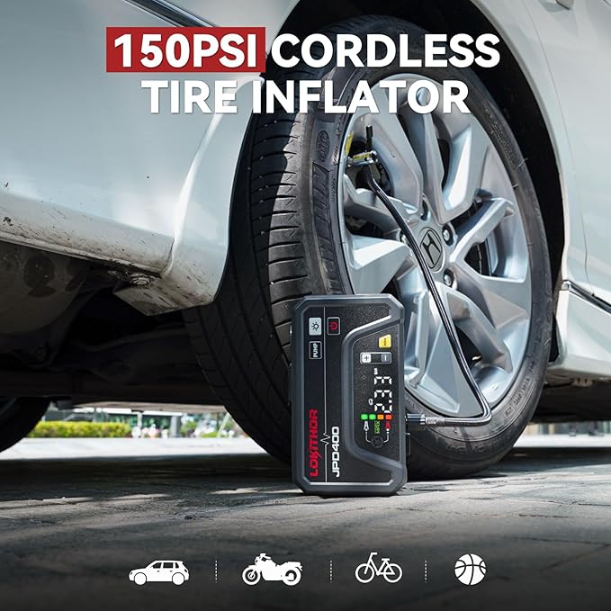 LOKITHOR JPD400 Jump Starter with Air Compressor and Deflator, 3000A Car Battery Jump Starter (9.0L Gas/7.0L Diesel) Jump Box with 150PSI Tire Inflator, 10000mAh Power Bank, LED Light, Jumper Cables