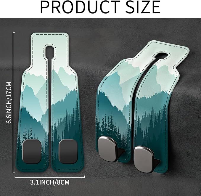 Car Seat Back Storage Headrest Hook, Premium Leather Double Metal Hook, Hanger Storage Organizer for Purse Cloth Bag, Car Interior Accessories Beautiful Blue Mountain