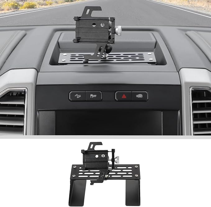 JWWY Center Console Expansion Rack Bracket with Phone Holder for 2015-2020 Ford F150, Dashboard Tray Mount Car Interior Organizer Accessories, Alloy Black