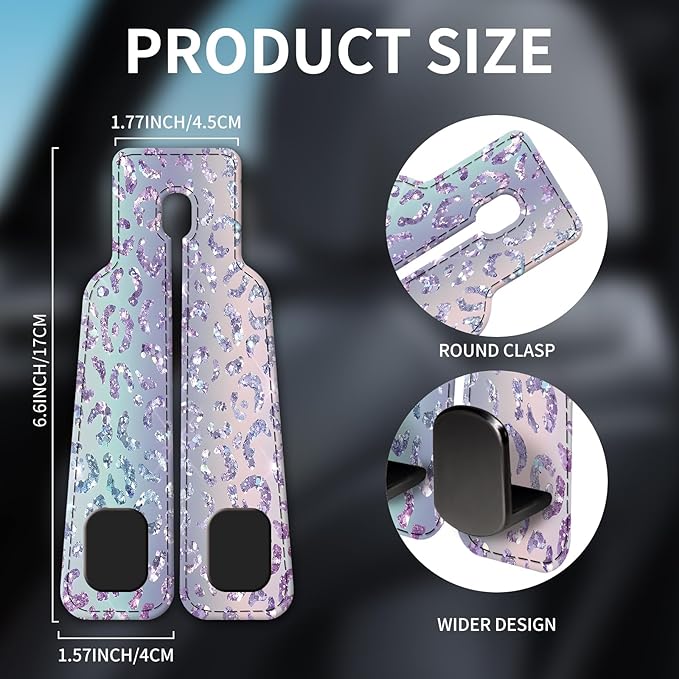 Car Seat Headrest Hook, Universal Leather Cute Hanger Holder Hook, Storage Organizer Interior Accessories for Purse Bags Handbag Glitter Purple Leopard