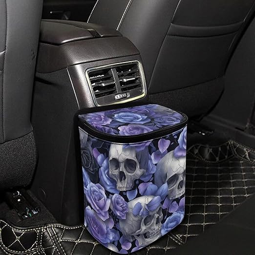 Talayituse Skull Rose Print Car Trash Can Portable Auto Garbage Bin Multifunctional Vehicle Interior Accessories with Adjustable Straps Universal Fit Truck SUV Sedan
