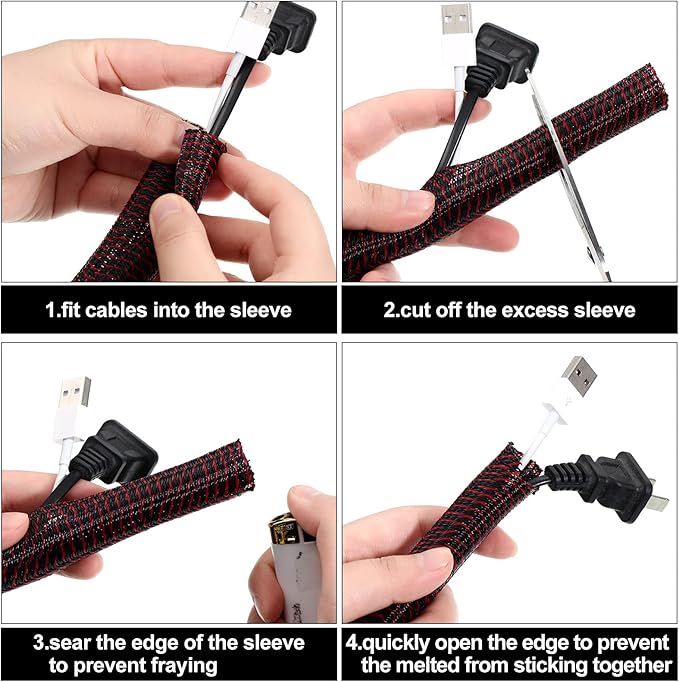 Boao 3 Pieces Cord Protector Wire Loom Tubing Cable Sleeve Split Sleeving for USB Charger Cable Cord Cover Audio Video Cable (Black with Red,1/2 Inch, 1/4 Inch, 3/4 Inch)