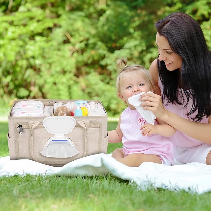 Diaper Caddy with Wipe Dispenser One-Handed Access, Premium Diaper Organizer, Portable Car Organizer Nursery Basket for Newborn Essentials, Baby Registry Must Haves for Boys & Girls, Beige