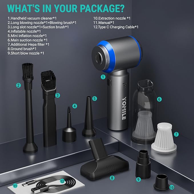 Yomile Mini Vacuum Cleaner, 2 in 1 27000PA Brushless Car Vacuum Air Duster 9000mAh Battery Air Blower Wireless Handheld Vacuum for Car,Office and Home