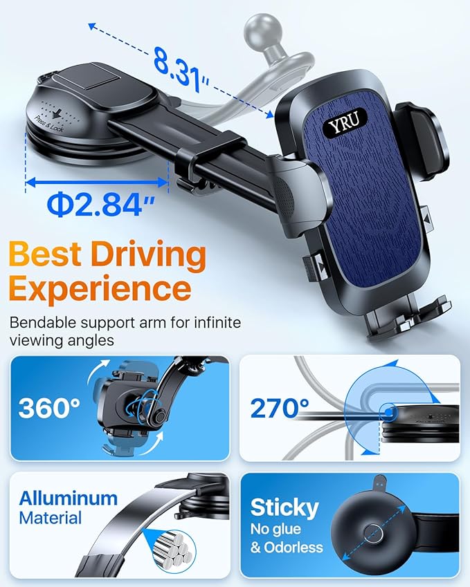 YRU [2026 Ultimate Car Phone Holder Mount [Bendable & Adjustable Aluminum Arm] Cell Phone Holder for Car Dashboard Windshield Phone Stand for iPhone 17 16 15 14 Pro Max Samsung Pickup Truck, Dark Blue