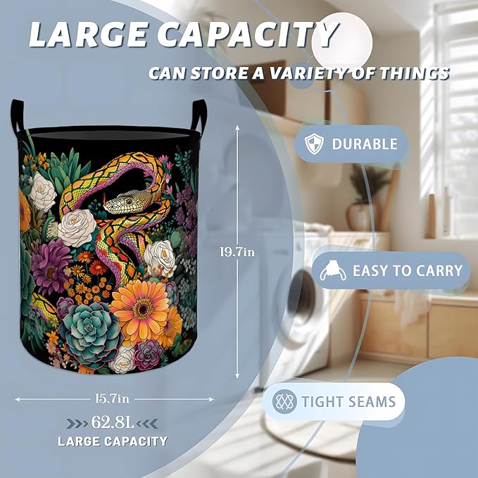 Vibrant Snake with Flowers and Succulents Laundry Basket with Handles, 19.7"x15.7" Clothes Foldable Laundry Hamper Organizer for Dorm Nursery Bedroom Bathroom Decor, Toy Storage Bin for Kids
