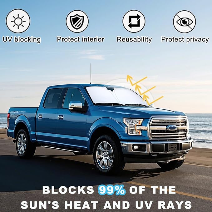 PIMCAR Windshield Sunshade for Ford F-150 2015-2020 | Premium 310T Reflective Polyester UV & Heat Blocker | Reduces Interior Temperature, Foldable with Storage Pouch