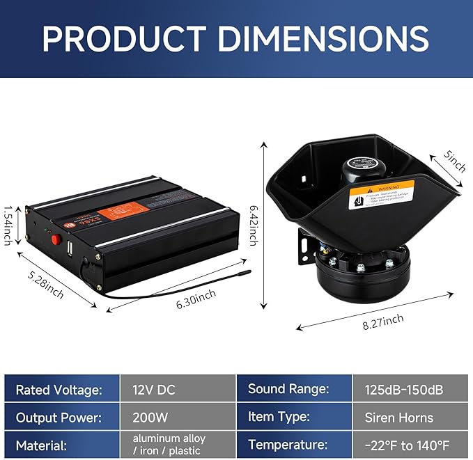 Warning Emergency Siren 12V Police Siren Speaker PA System Kit 200W 125-150dB Remote Control with Handheld Microphone for Car Ambulance Vehicles Fire Truck SUV ATV UTV
