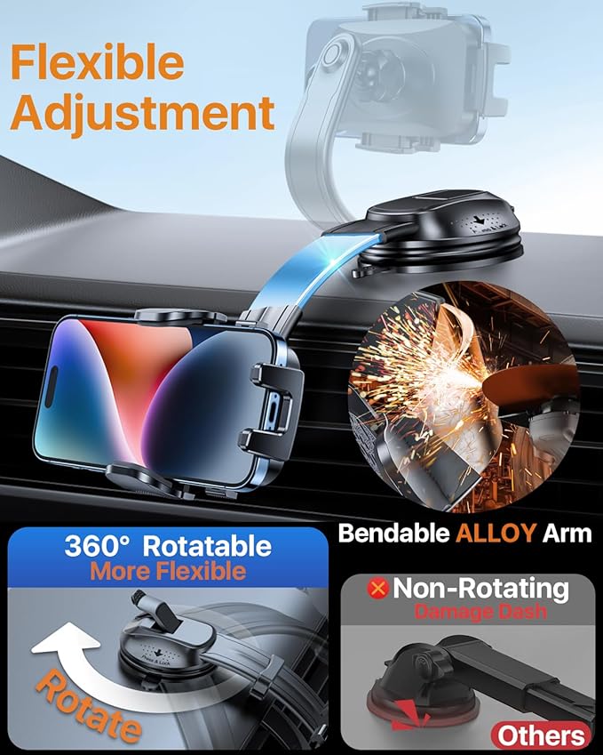HTU Upgraded Strongest Suction Car Phone Holder Bendable Arm, Never Block View Rotatable Cellphone Mount for Dashboard Windshield Vent, Cradle Stand for iPhone 17 16 15 14 13 12 Pro Max (Rose Purple)