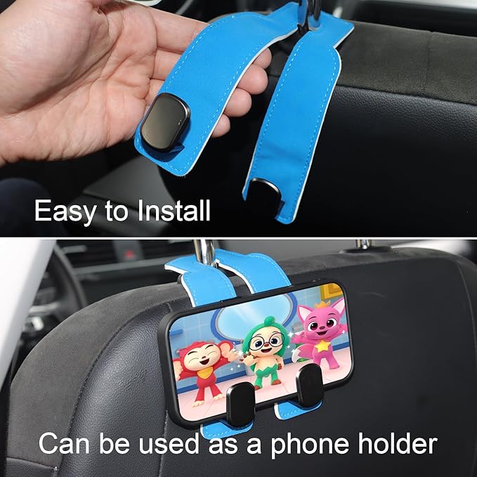 Purse and Bag Hook for Car, Zinc Alloy Seat Headrest Hooks, Upgraded Leather Car Seat Back Purses Hanger and Bags Holder (Blue, 2Pack)
