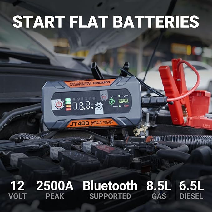 LOKITHOR JT400 12V Jump Starter and Battery Tester 2-in-1, 2500A Battery Jumper Starter Portable for Up to 8.5L Gas & 6.5L Diesel Engines, 100-2000 CCA Load Capacity Automotive Load Tester (Orange)