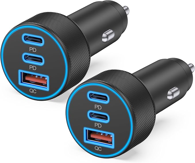 67W USB C Car Charger Super Fast Charging, 2Pack 3-Port 12-24V Car Accessories Phone Cigarette Lighter Adapter with USB C PD&QC 3.0 Fast Charger for iPhone 17 16 15 14 13 12 11 Pro Max, iPad, Galaxy